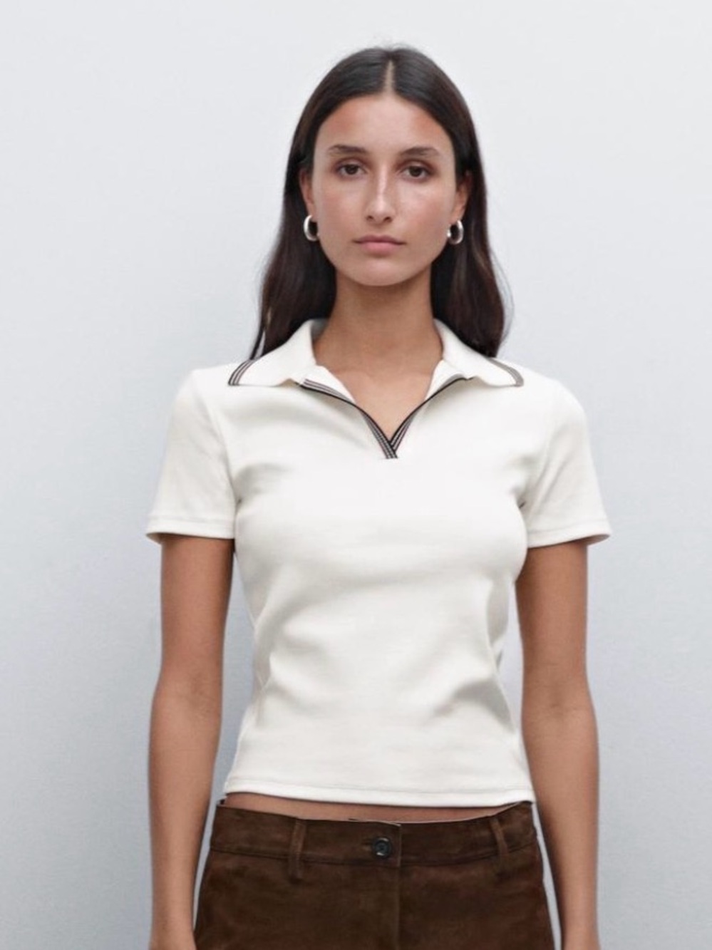 Massimo Dutti Cream Polo-Style Short Sleeve Top